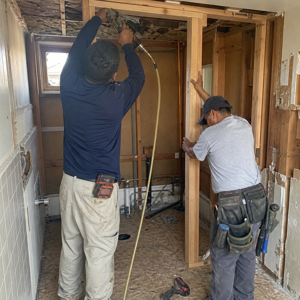 Two professional contractors framing a wall during a residential bathroom renovation.