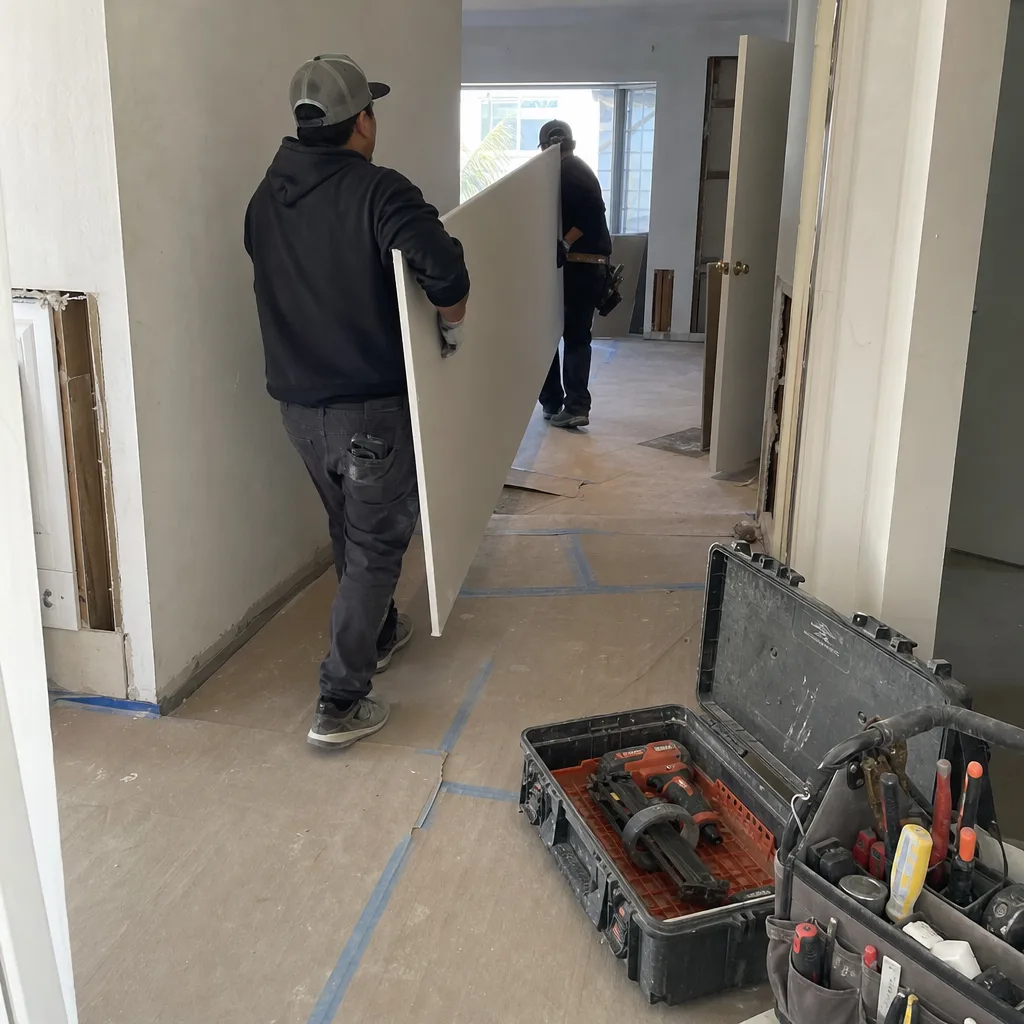 General contractor workers carrying drywall sheet during residential home interior renovation