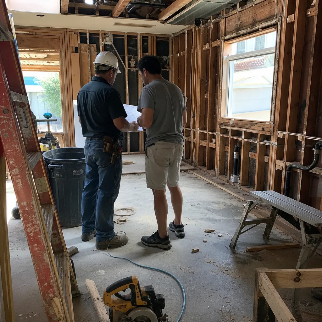 General contractor and client reviewing blueprints at a construction site.