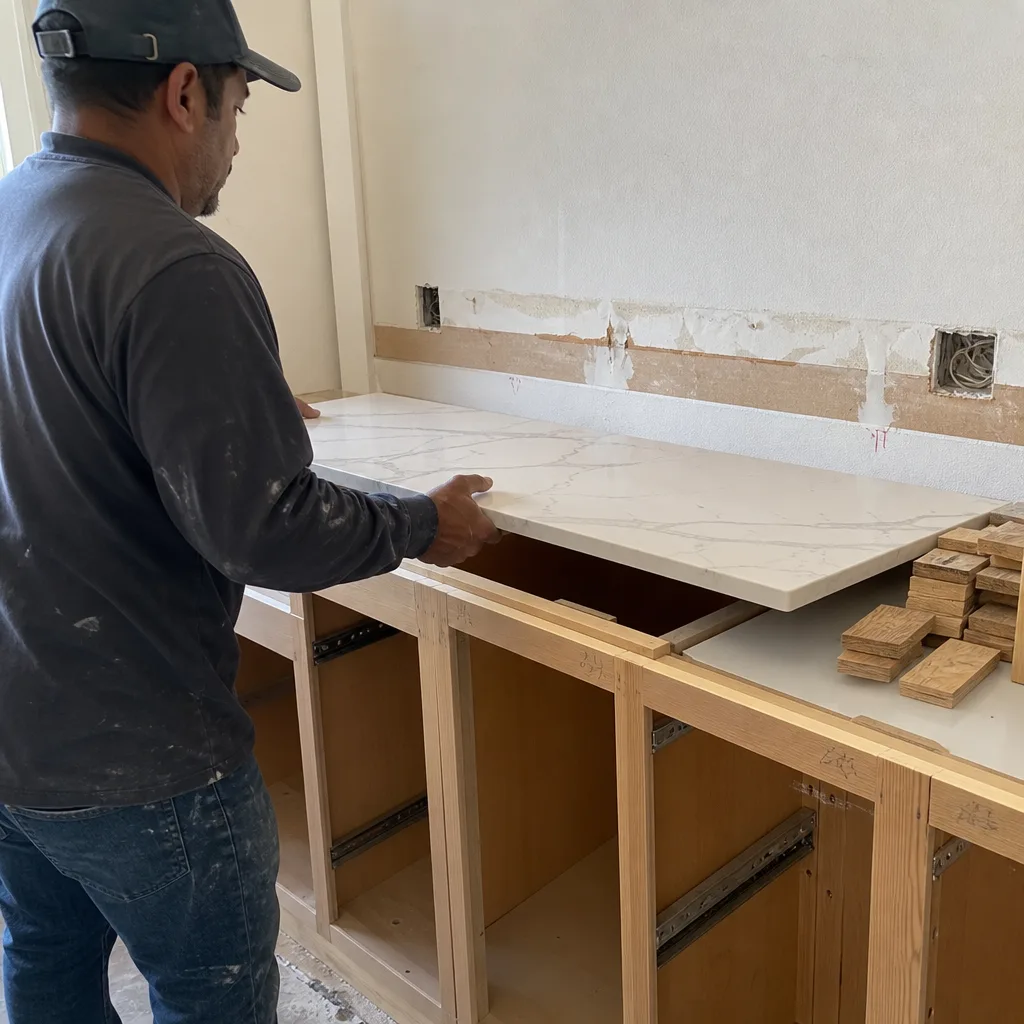 Professional contractor installing marble countertop on kitchen cabinets during home remodel