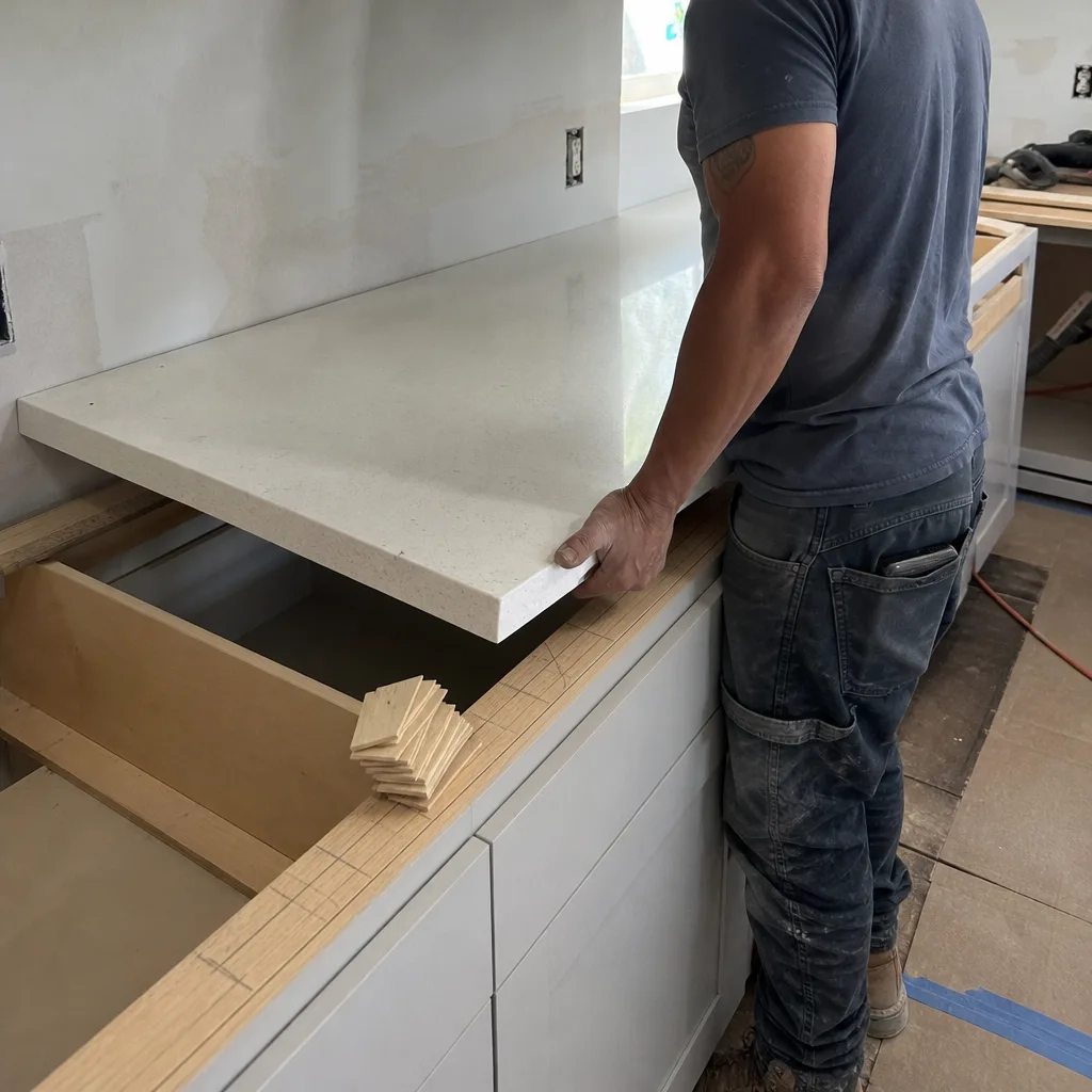 Professional contractor installing a quartz kitchen countertop on new cabinets