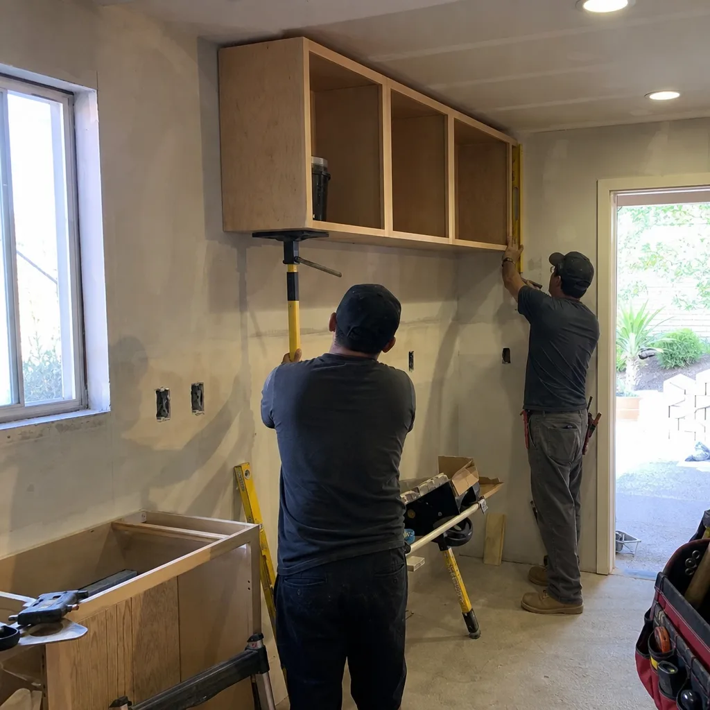 Two contractors installing wooden wall cabinets during a kitchen remodel