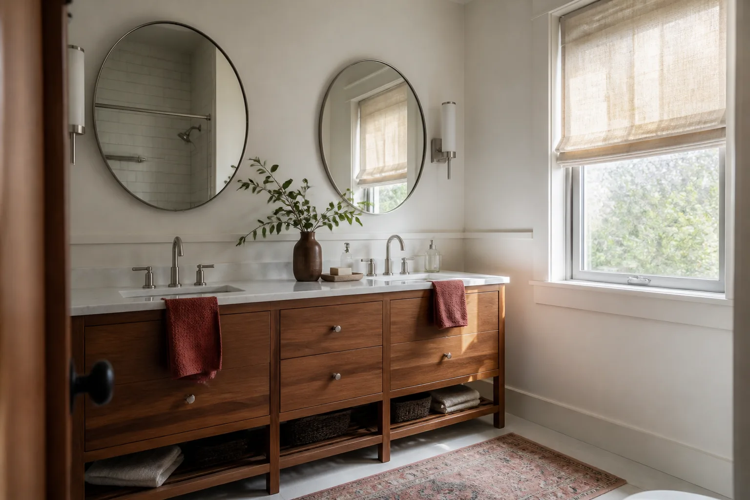 A wood double vanity with two mirrors after a bathroom remodel