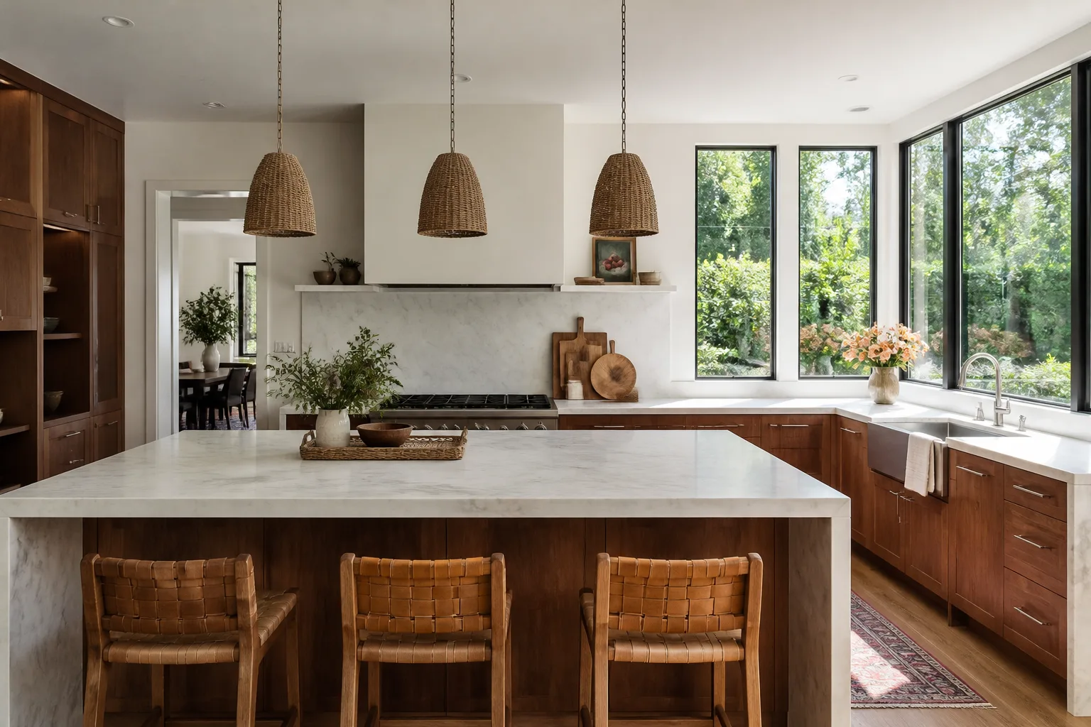 A remodeled kitchen with a waterfall island and wood cabinets